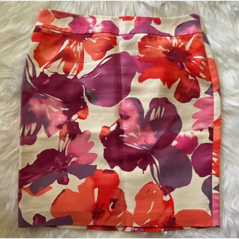 LOFT Womens Floral Multicolor Satin Pencil Knee Length Skirt 8 Lined Zip 507